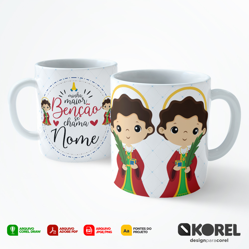 Arte Caneca Cosme e Damião Santinho Editável + Pdf