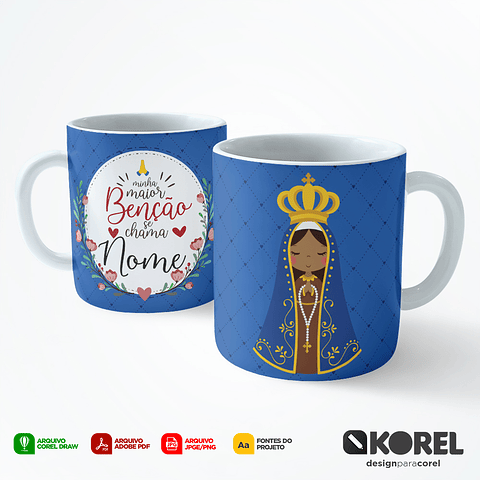 Arte Caneca Nossa Senhora da Conceição Aparecida Azul Santinho Editável + Pdf
