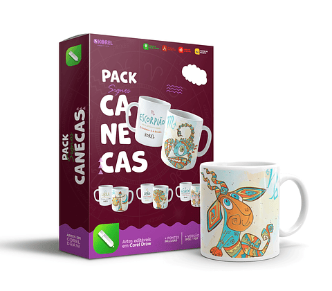 12 Artes Caneca Signos Editável Corel Draw + Pdf