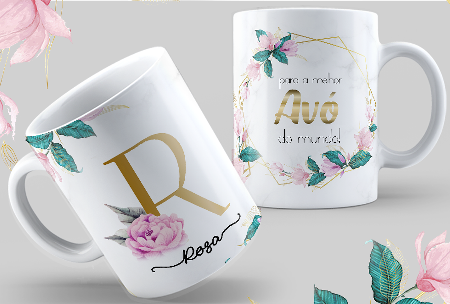 26 Artes Canecas Alfabeto Floral Dourado Arquivos em Jpg 1