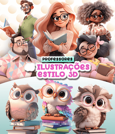 Kit Digital Mascotinhas Professoras Fofinhas 3D em Png 