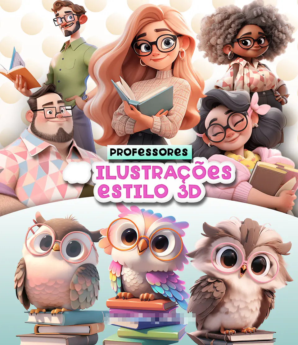 Kit Digital Mascotinhas Professoras Fofinhas 3D em Png  1