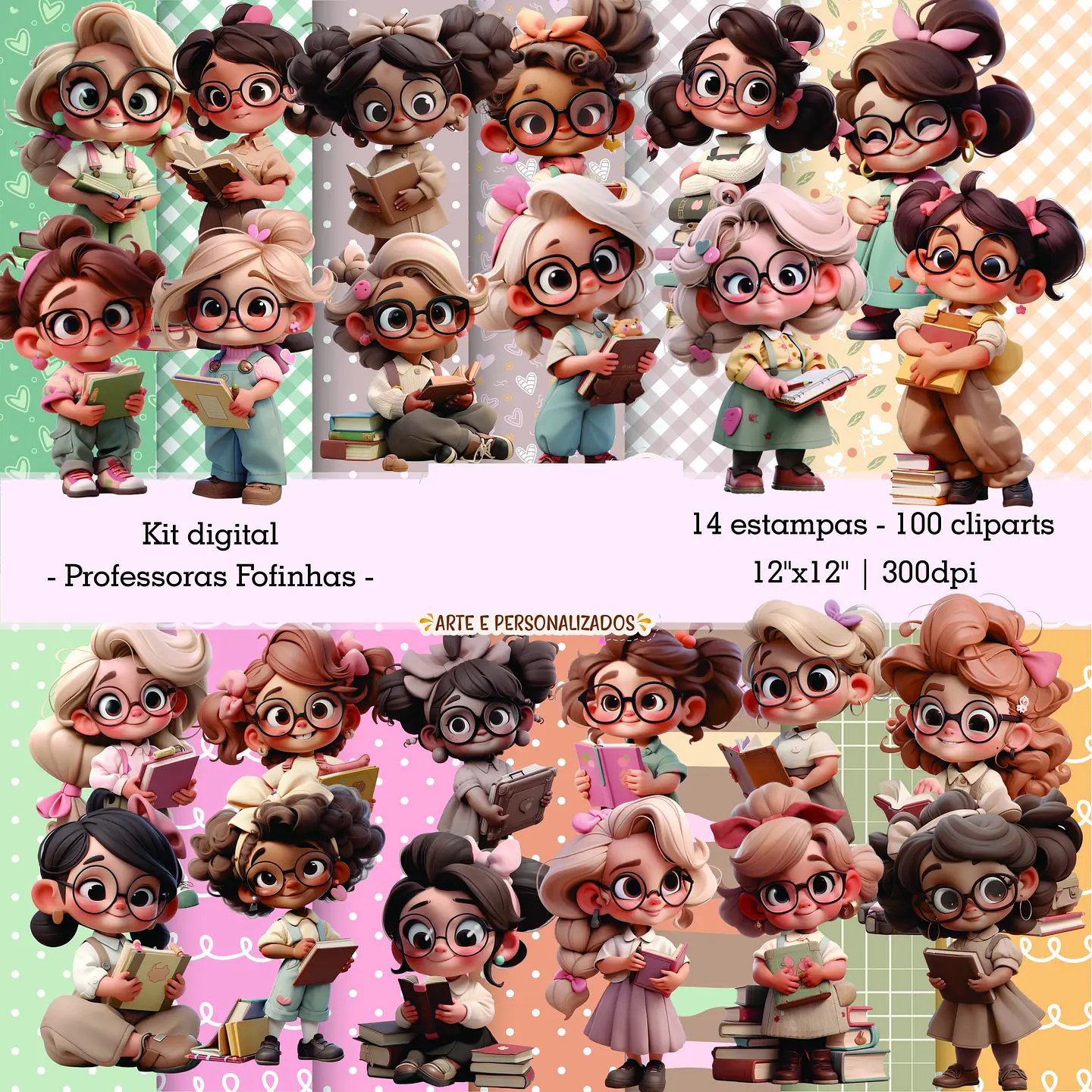 Kit Digital Mascotinhas Professoras Fofinhas 3D em Png  2