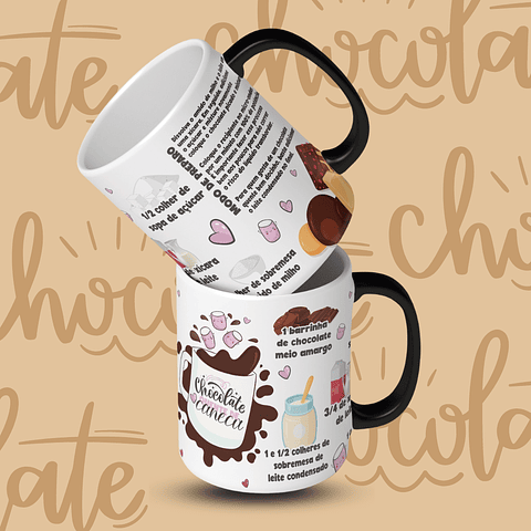 3 Artes para Caneca Receita Chocolate Quente Arquivos em CorelDraw