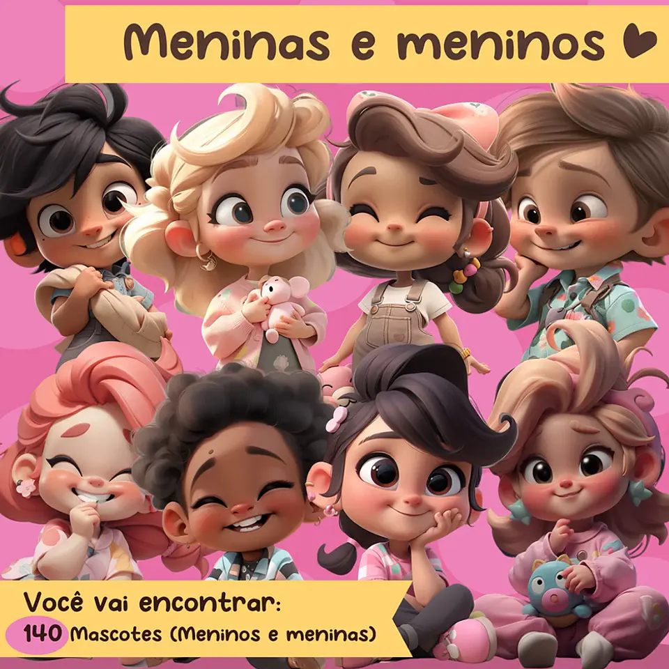 Kit Digital Mascotes Infantis Meninos e Meninas 3D em Png  1