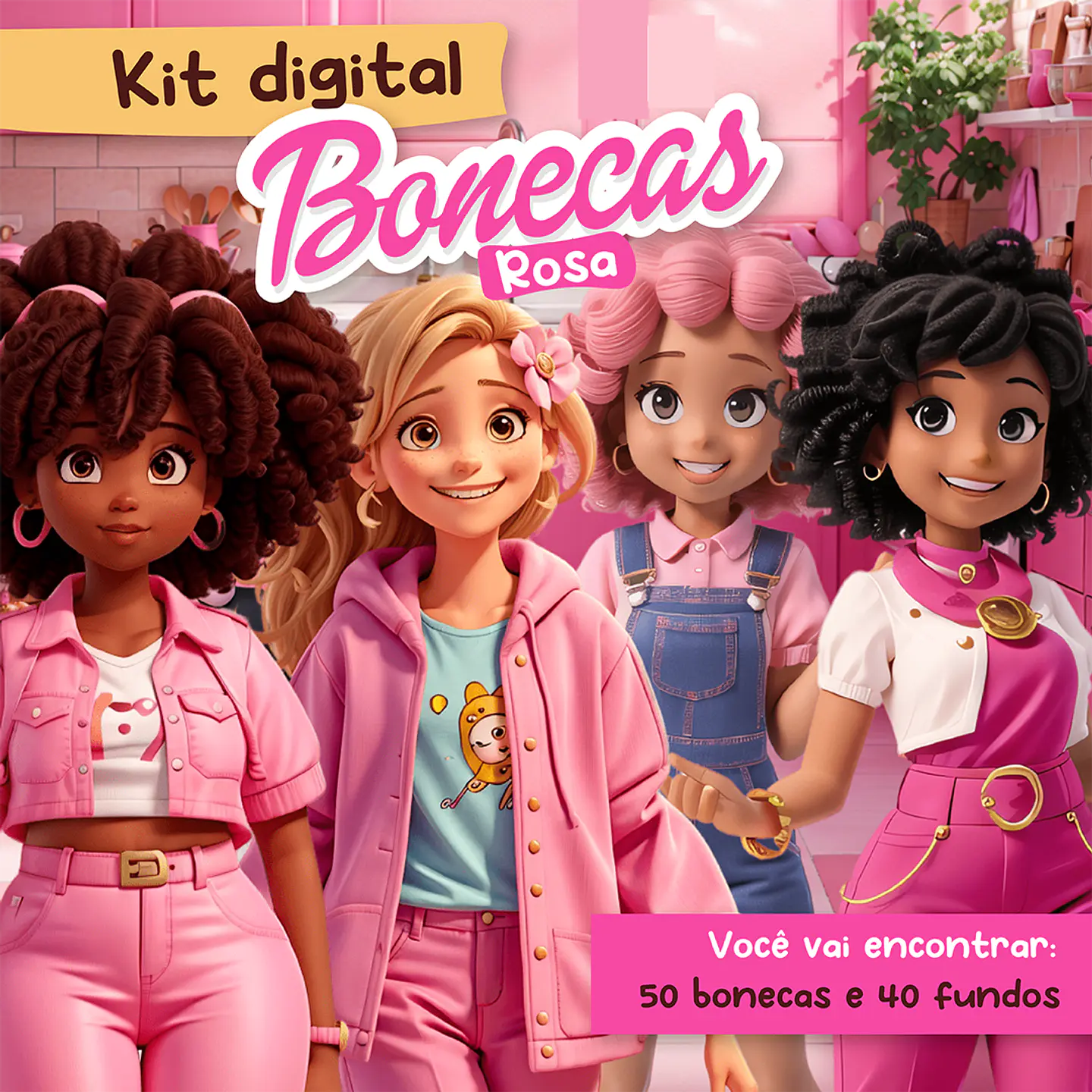 Kit Digital Bonecas Rosa Menina 3D em Png  1