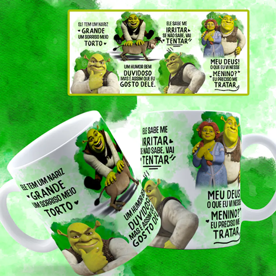 Arte Caneca Shrek e Fiona Ele Tem Um Nariz Grande Um Sorriso Meio Torto Png 2