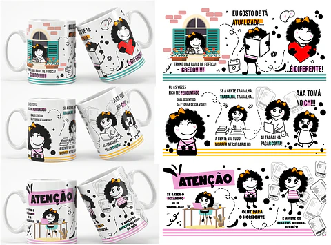 3 Arte Caneca Frases engraçadas Bonequinhas Arquivo em Jpg