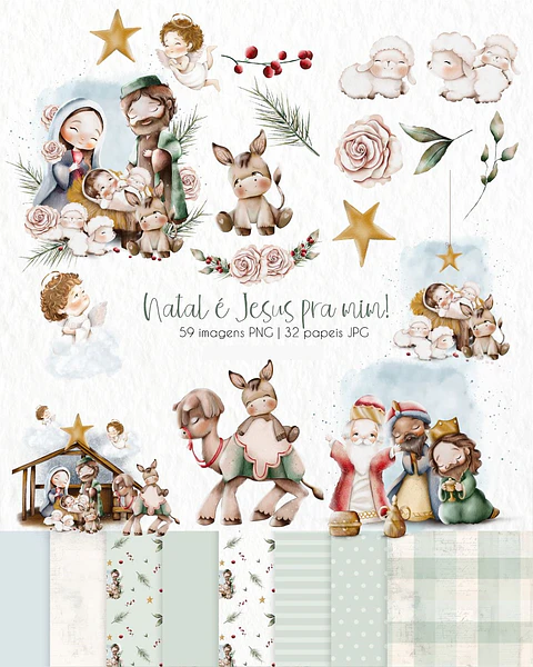 Kit Digital Natal Aquarelado Arquivos em Png 