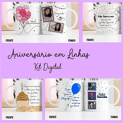 16 Artes para Caneca Aniversário em Linhas em Png