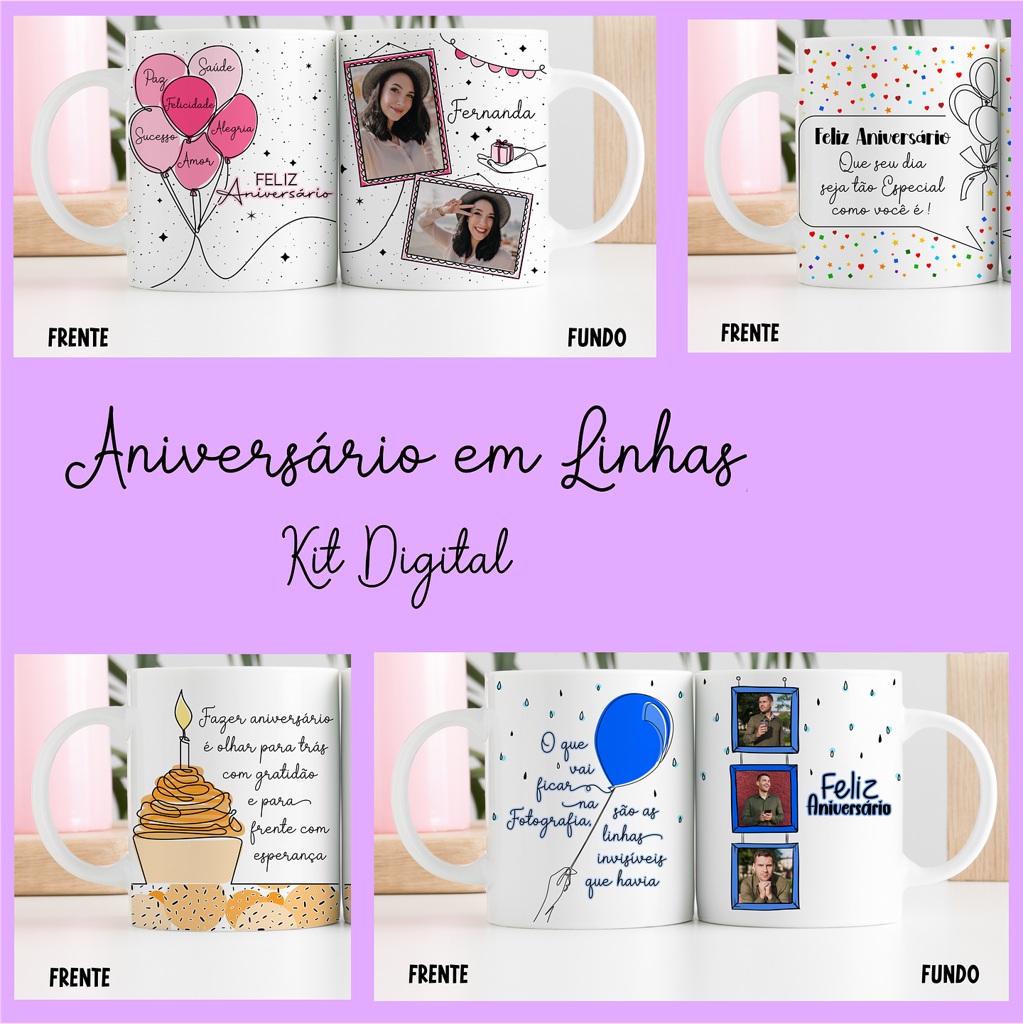 16 Artes para Caneca Aniversário em Linhas em Png 1