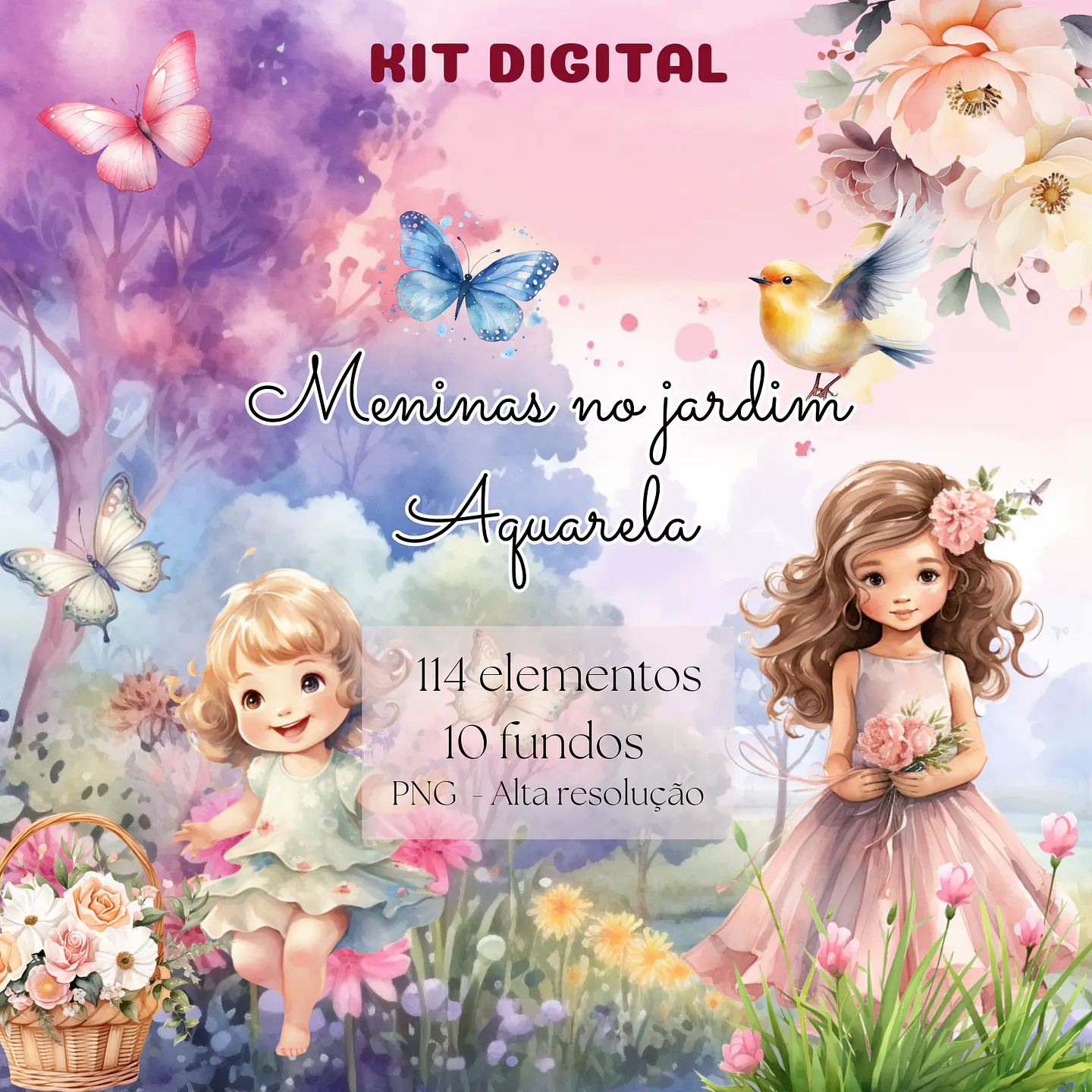 Kit Digital Jardim Encantado Aquarela Arquivos em Png  1
