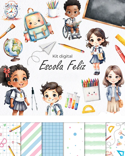 Kit Digital Escola Feliz Volta as Aulas em Aquarela Arquivos em Png  