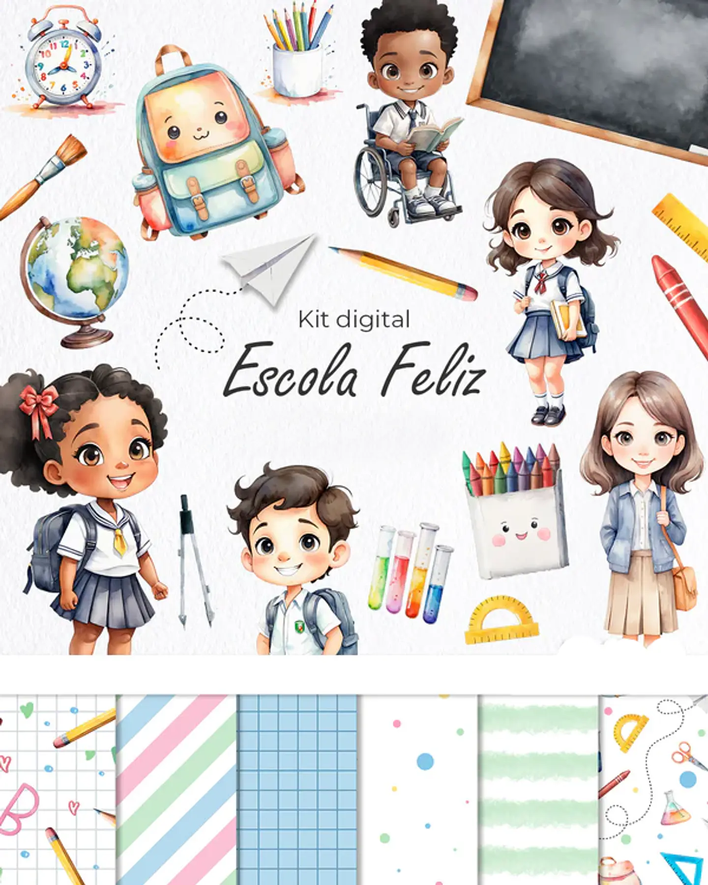 Kit Digital Escola Feliz Volta as Aulas em Aquarela Arquivos em Png   1