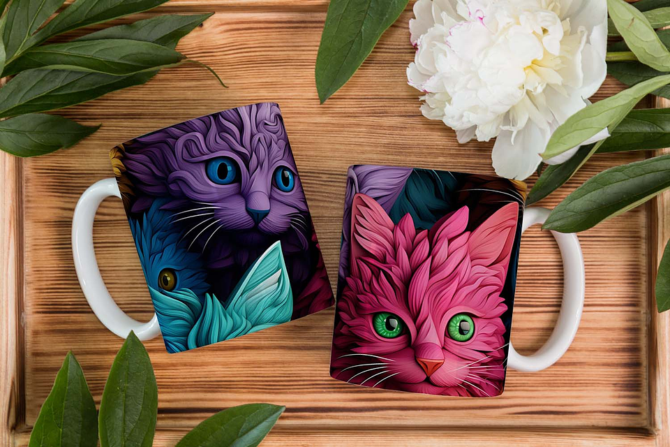 4 Artes para Caneca Gatinhos 3D Arquivo em Jpg   3