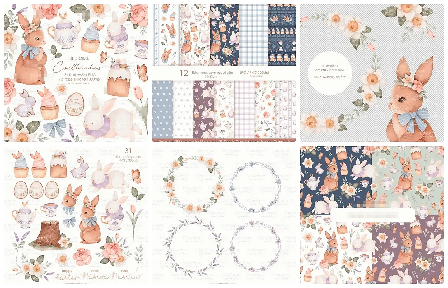Kit Digital Páscoa Coelhinho em Aquarela Png  1