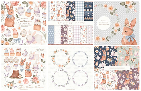 Kit Digital Páscoa Coelhinho em Aquarela Png 