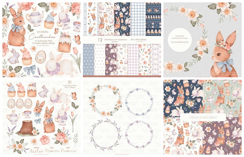 Kit Digital Páscoa Coelhinho em Aquarela Png  1