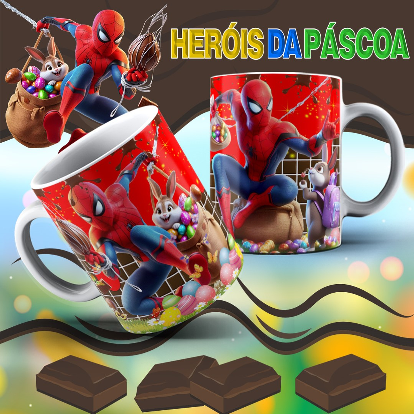 12 Arte para Caneca Páscoa Super Heróis Arquivo Editável 1
