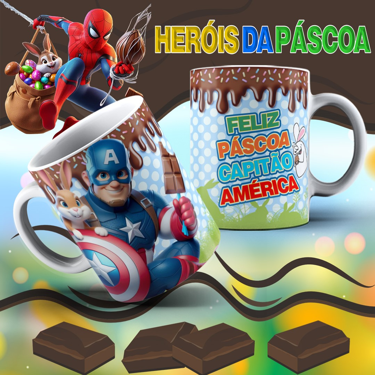 12 Arte para Caneca Páscoa Super Heróis Arquivo Editável 6