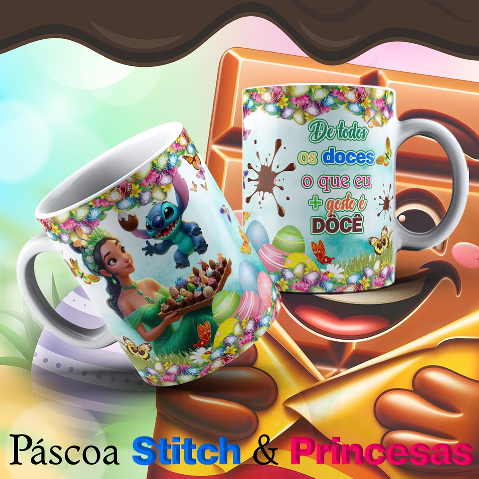 13 Arte para Caneca Páscoa Princesas e Stitch Arquivo Editável   2