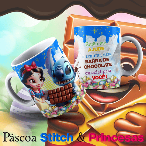 13 Arte para Caneca Páscoa Princesas e Stitch Arquivo Editável  