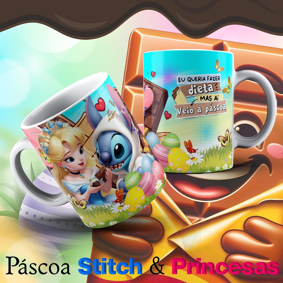 13 Arte para Caneca Páscoa Princesas e Stitch Arquivo Editável   5