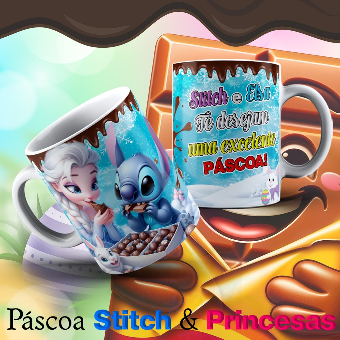 13 Arte para Caneca Páscoa Princesas e Stitch Arquivo Editável   6