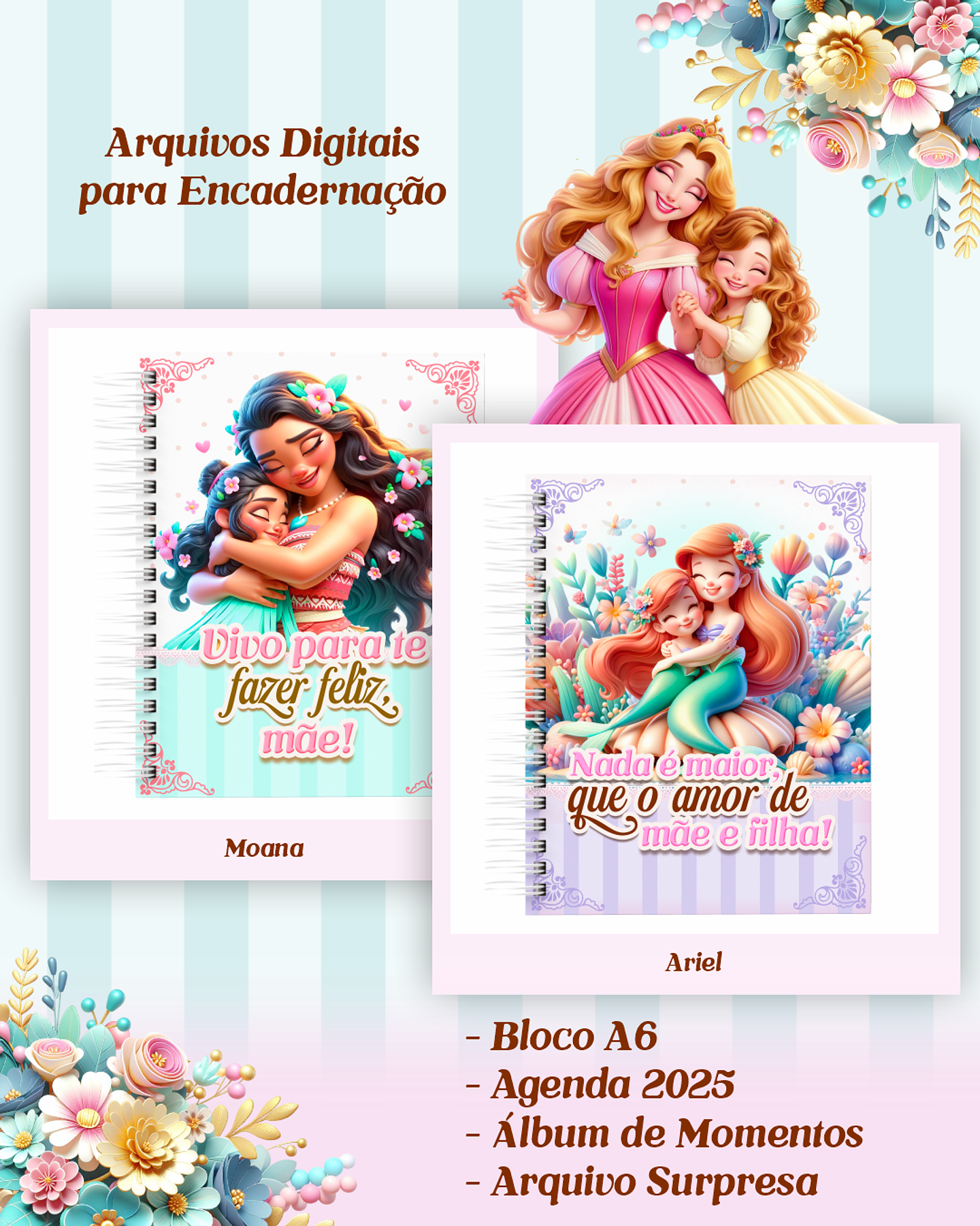Arquivos para Encadernação Dia das Mães Princesas da Disney em Pdf e Png 3