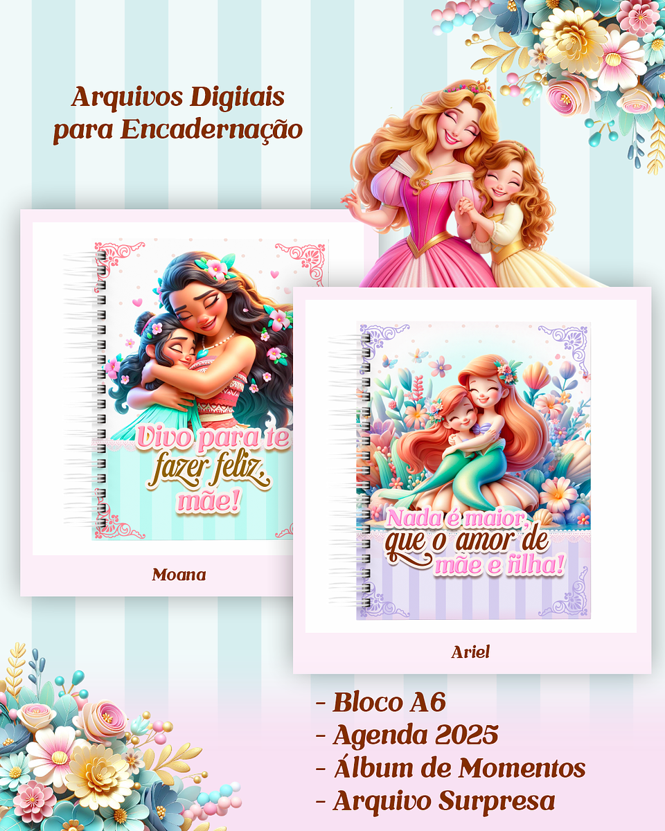 Arquivos para Encadernação Dia das Mães Princesas da Disney em Pdf e Png 3