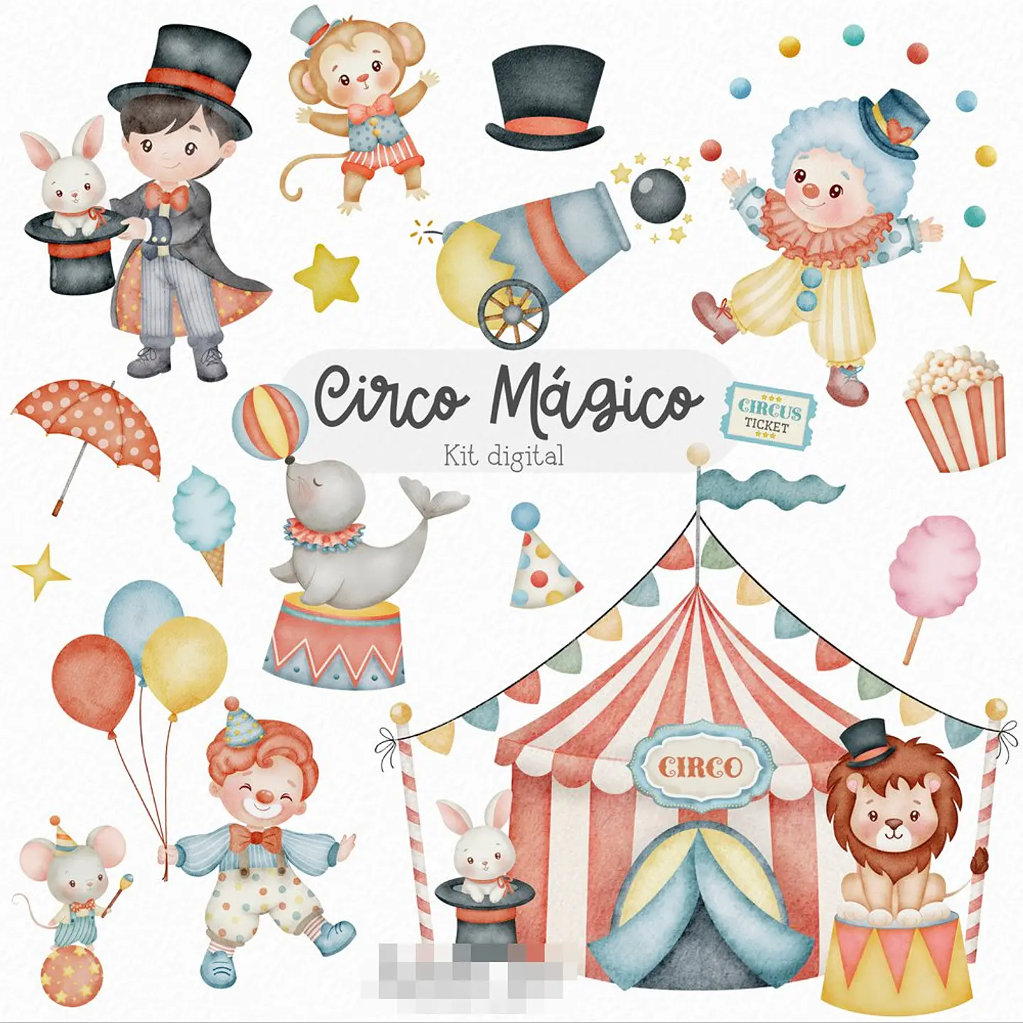 Kit Digital Circo Mágico Aquarelado em Png 1