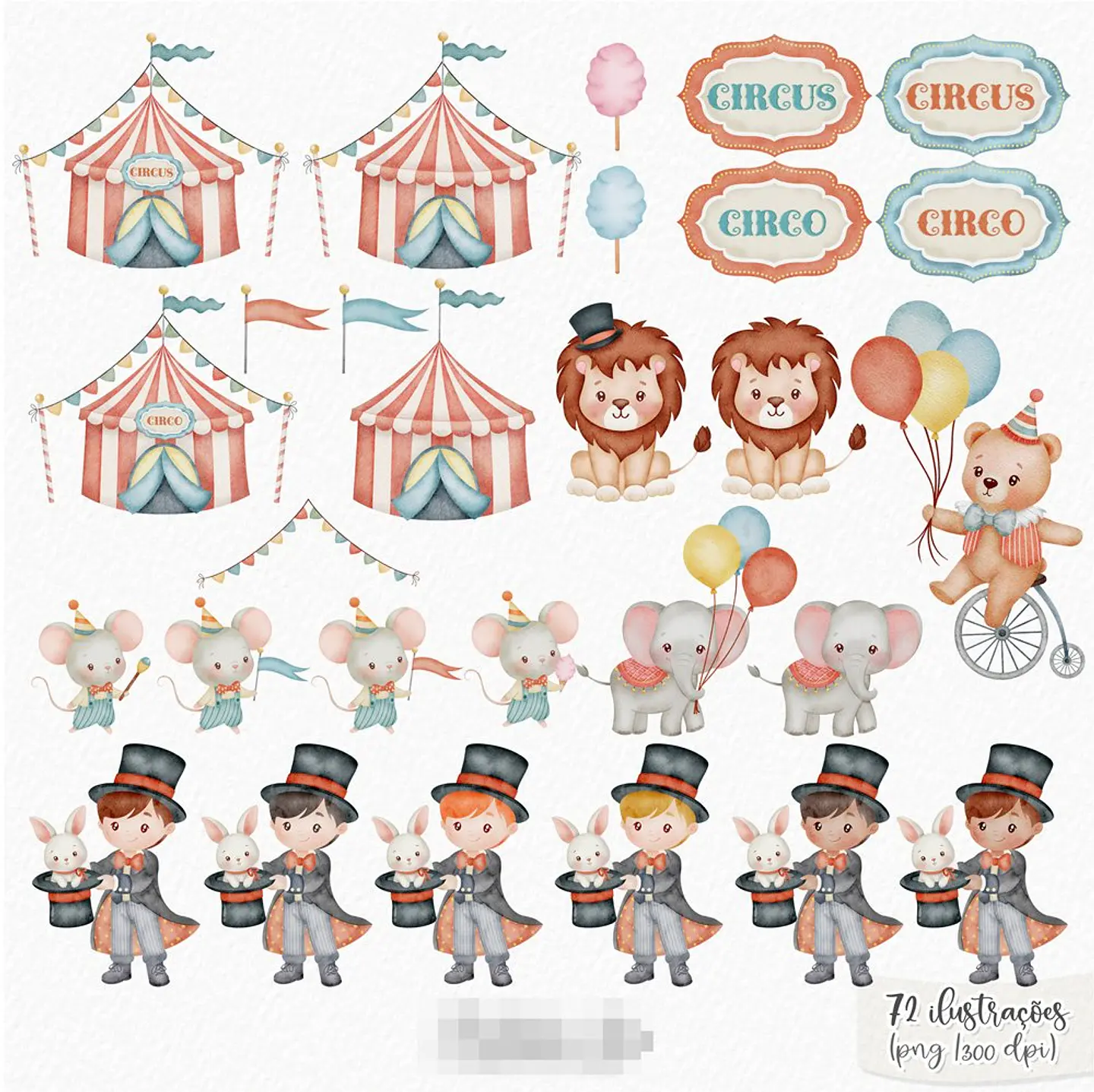 Kit Digital Circo Mágico Aquarelado em Png 3