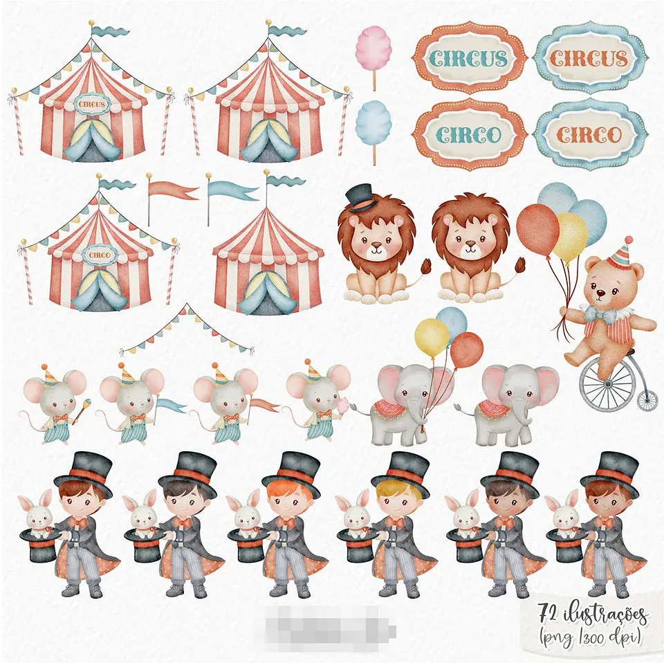 Kit Digital Circo Mágico Aquarelado em Png 3