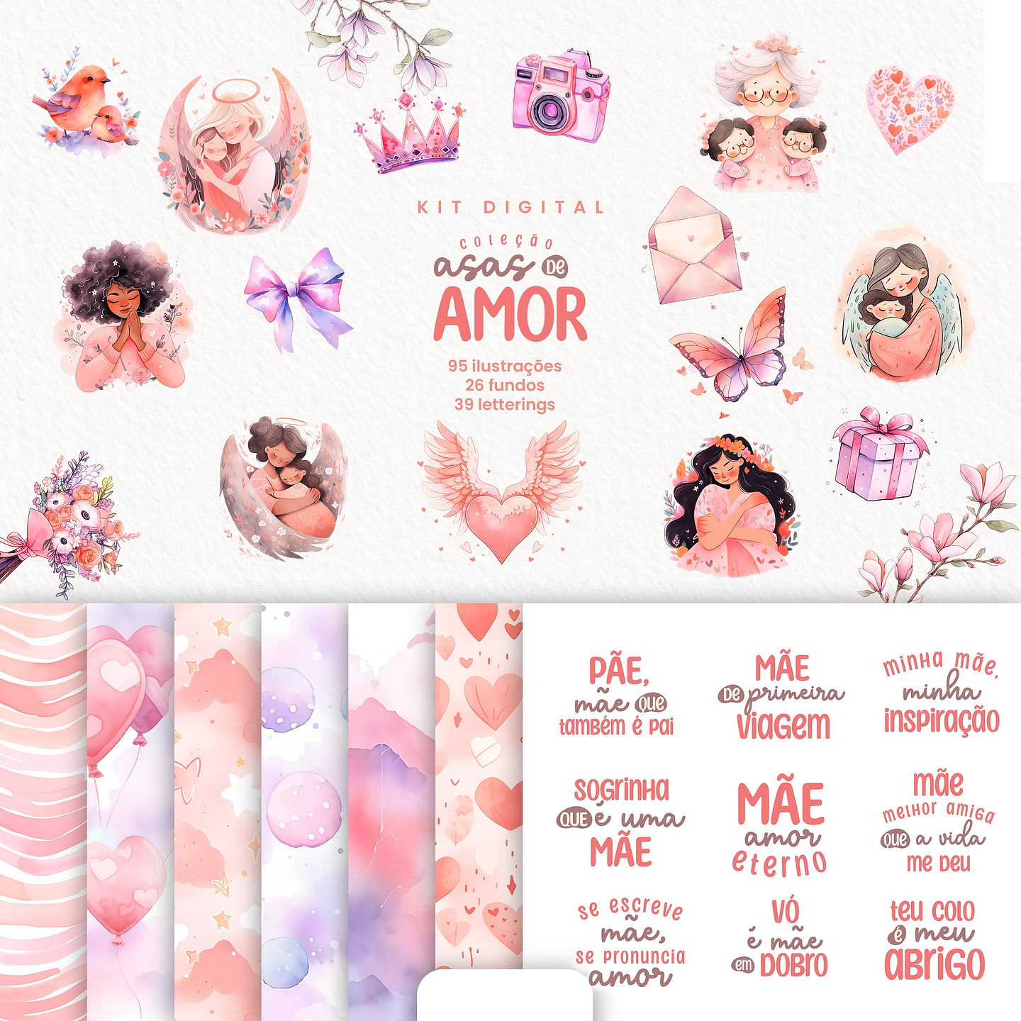 Kit Digital Dia das Mães Amor Aquarela Arquivos em Png 1