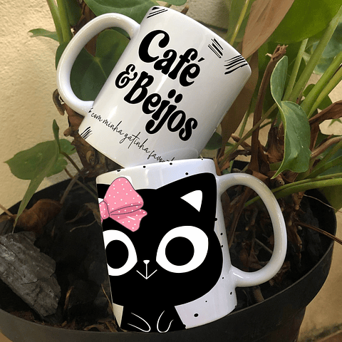 2 Artes para Caneca Café e Beijos Gatinhos Arquivo Editável