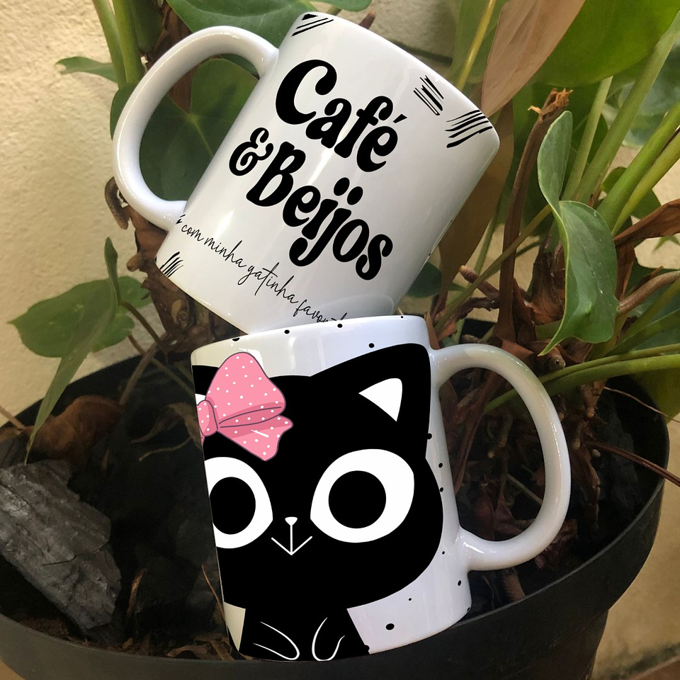 2 Artes para Caneca Café e Beijos Gatinhos Arquivo Editável 1