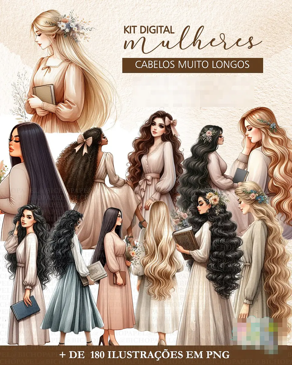 Kit Digital Mulher de Cabelos Compridos em Png   1