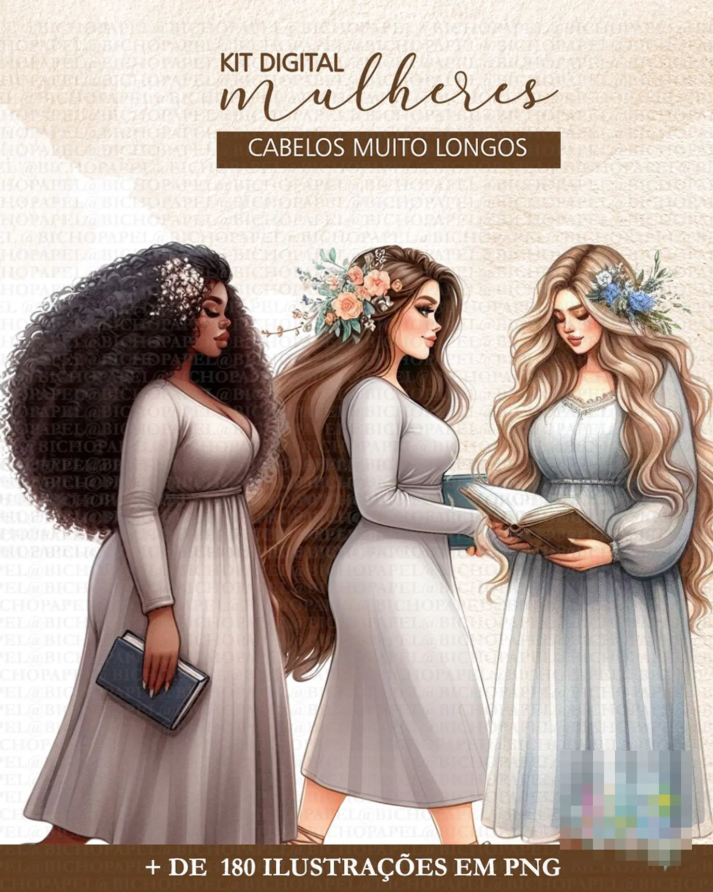 Kit Digital Mulher de Cabelos Compridos em Png   4