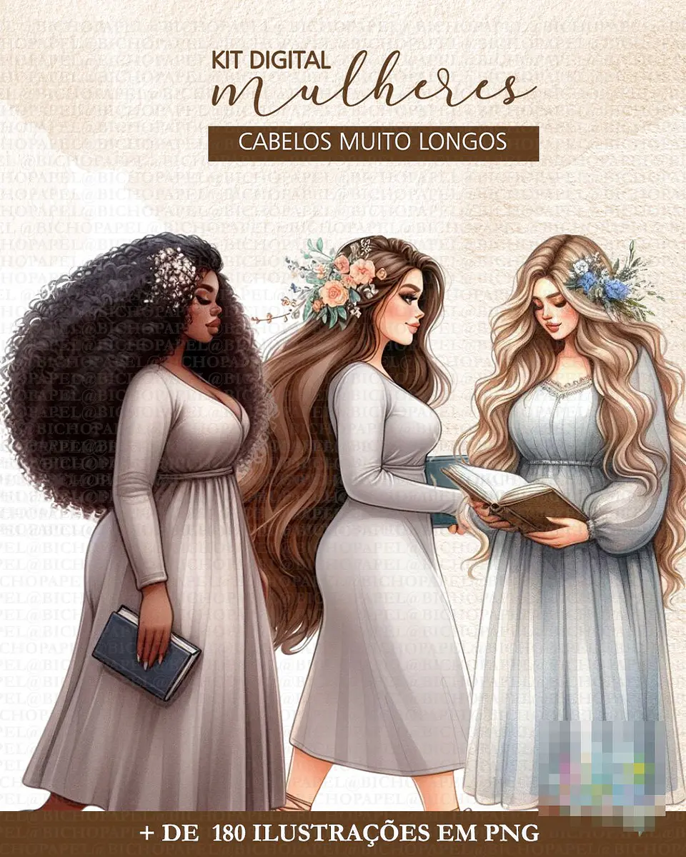 Kit Digital Mulher de Cabelos Compridos em Png   4