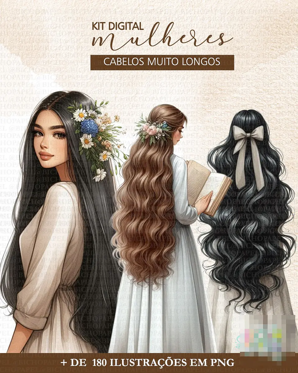 Kit Digital Mulher de Cabelos Compridos em Png   5