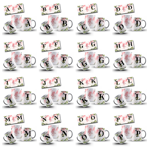 26 Artes para Caneca Alfabeto Flores Rosa Arquivo Editável 