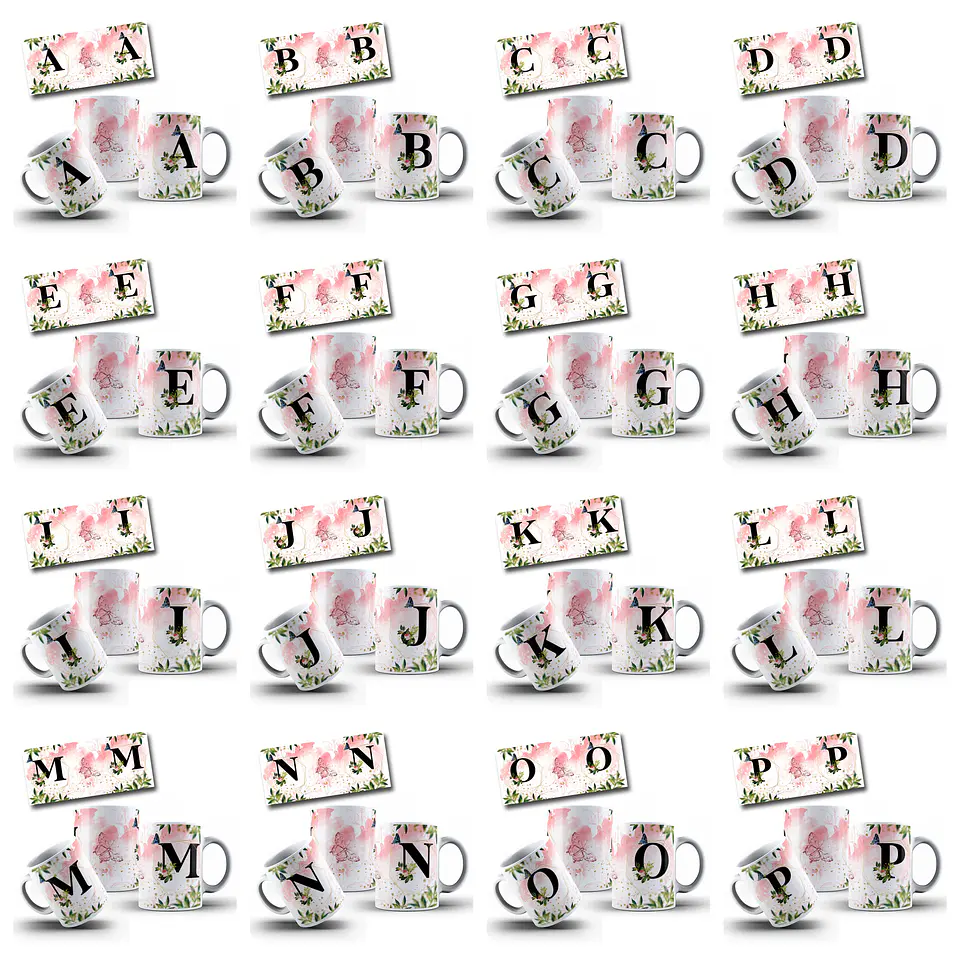 26 Artes para Caneca Alfabeto Flores Rosa Arquivo Editável  1