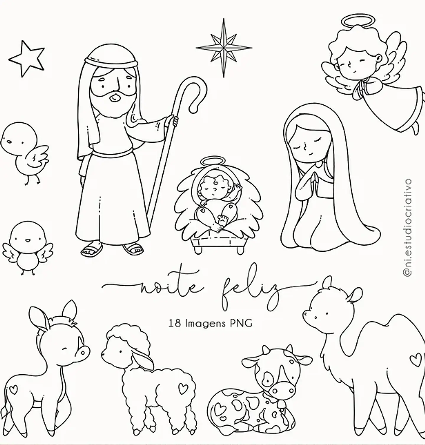 Kit Digital Natal Noite Feliz para Colorir em Png 1