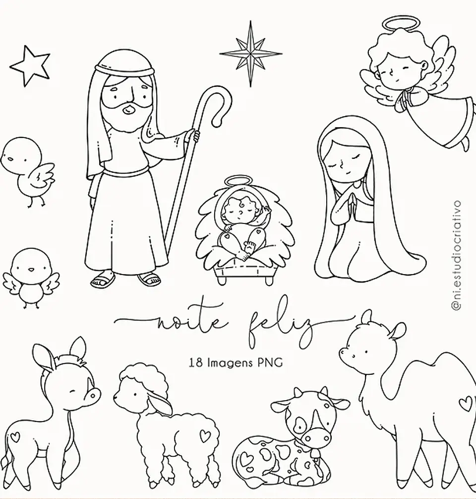 Kit Digital Natal Noite Feliz para Colorir em Png 1