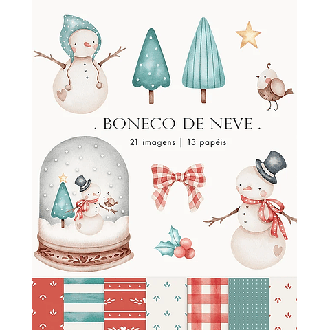 Kit Digital Boneco de Neve Aquarela em Png 