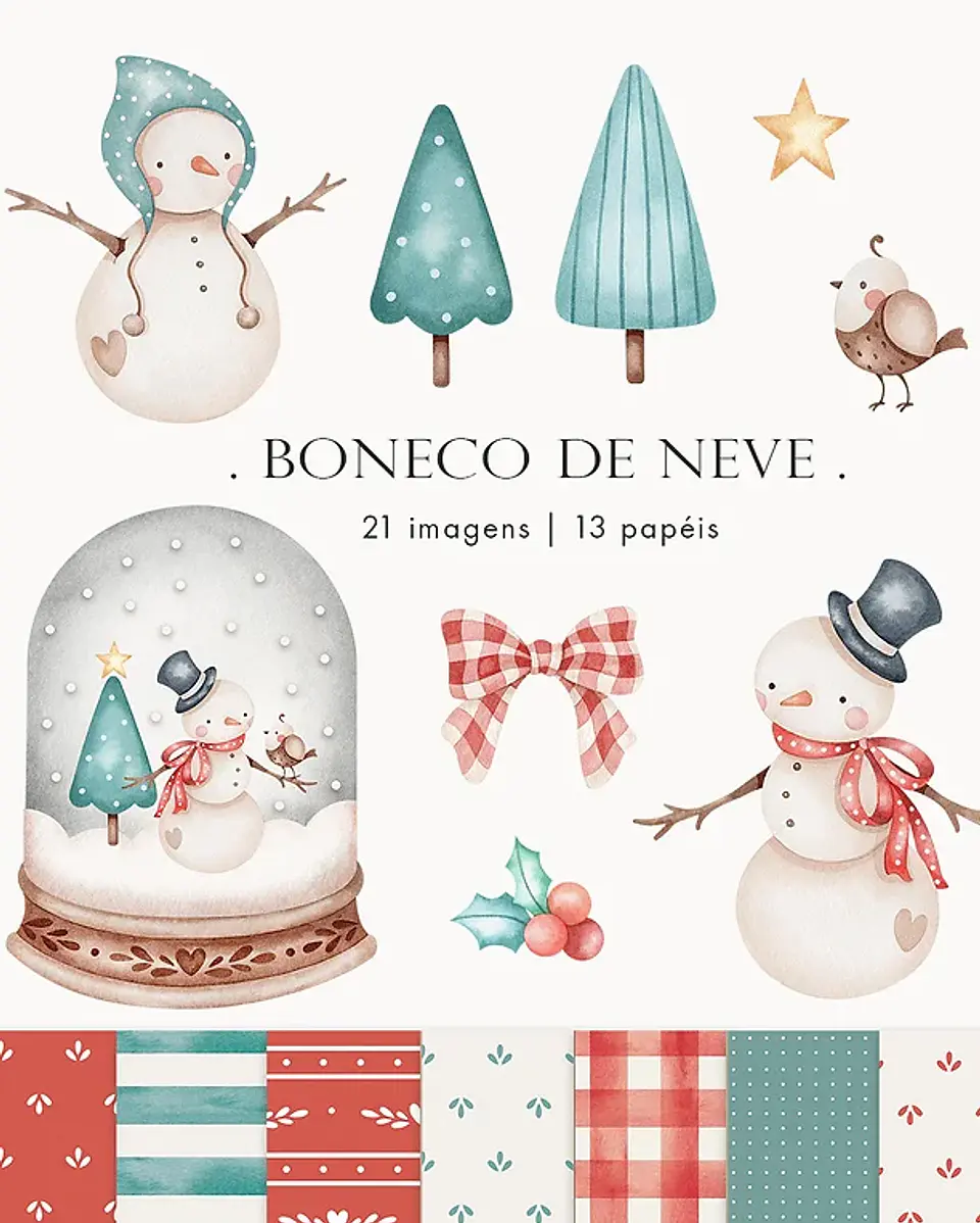 Kit Digital Boneco de Neve Aquarela em Png  1