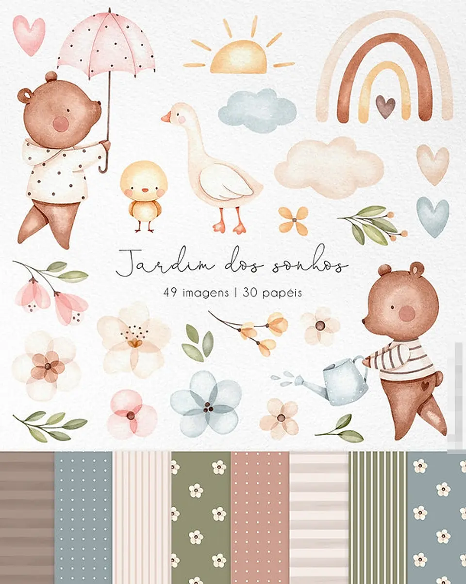 Kit Digital Jardim dos Sonhos Aquarela em Png  1