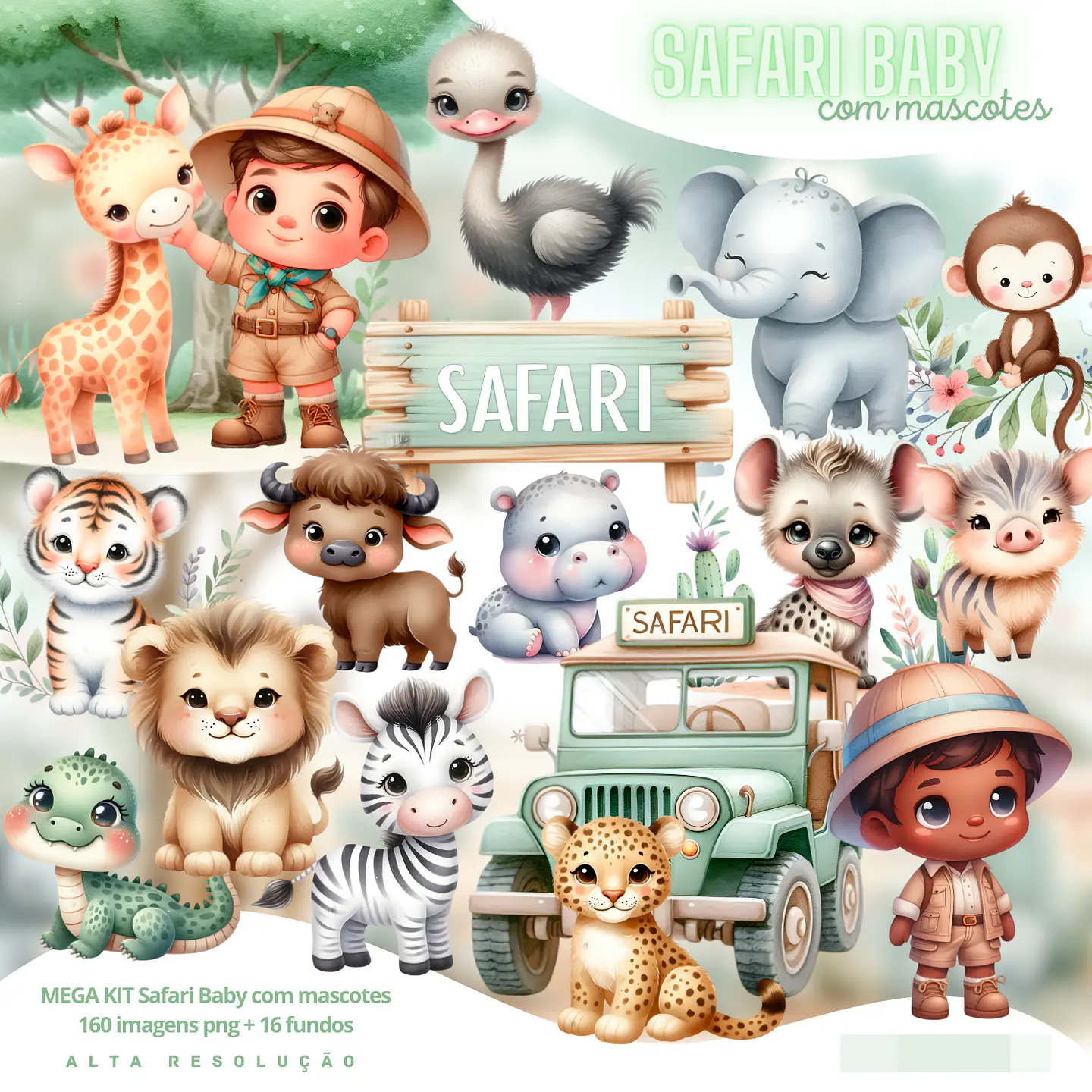 Kit Digital Safary Baby Aquarela em Png 1