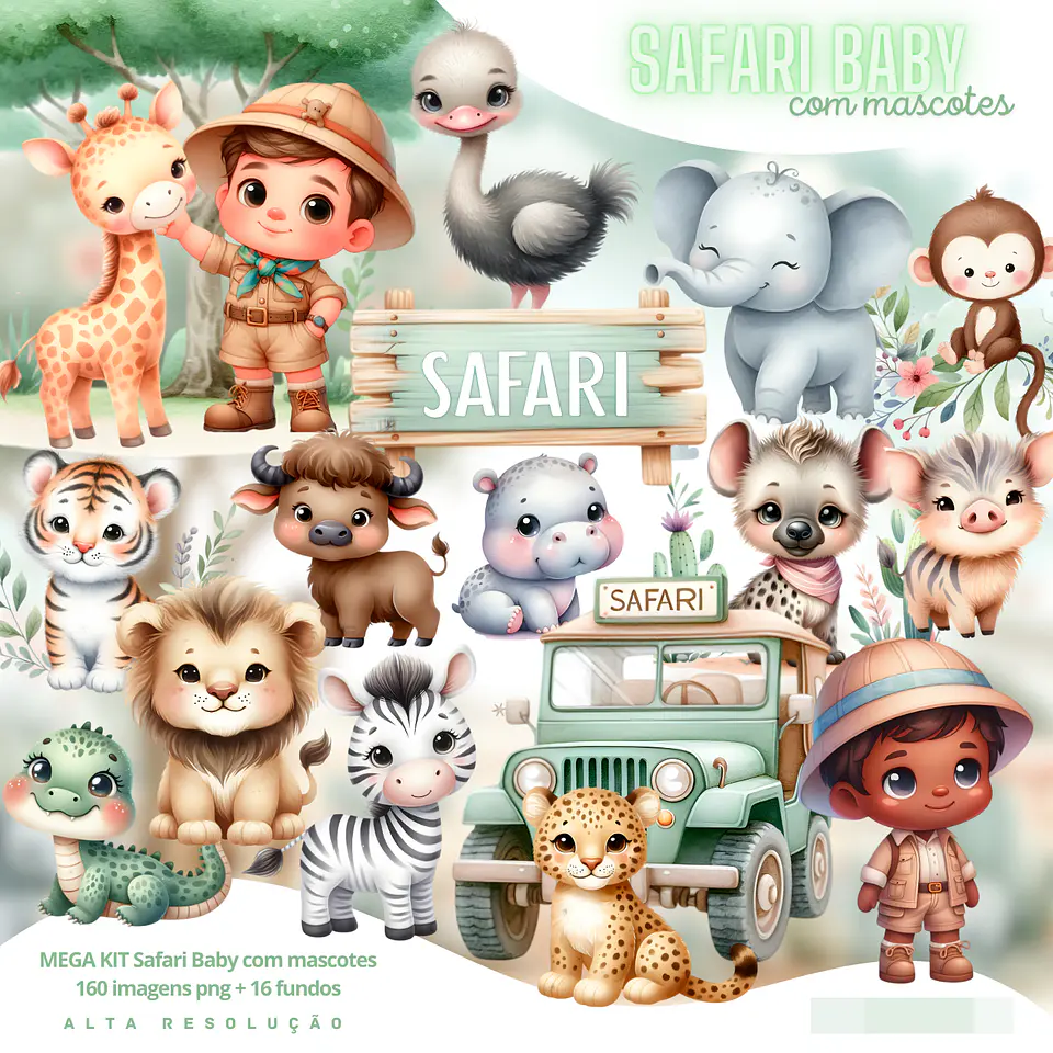 Kit Digital Safary Baby Aquarela em Png 1