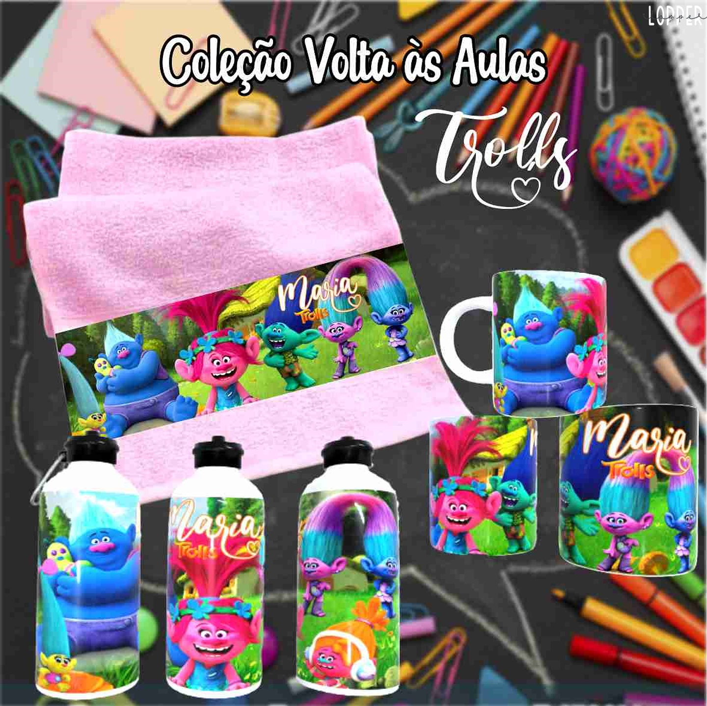 12 Artes para Caneca, Toalhinha e Squeeze Escolar Trolls Arquivo Editável 4